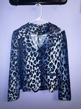 Blue Leopard Print Shimmery Blazer Jacket